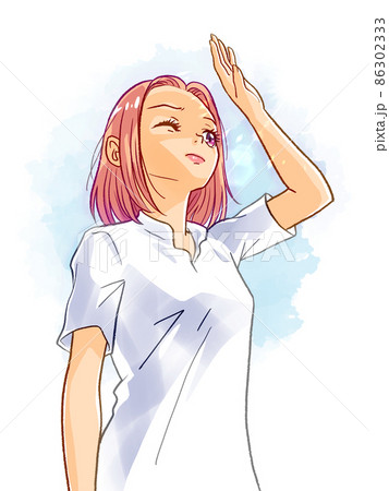 手のひらをかざして 夏のまぶしい太陽光を避ける若い女性のイラスト ウエストショットのイラスト素材