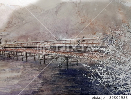 京都嵐山 渡月橋の雪景色のイラスト素材