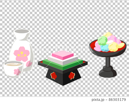 Hina-arare Hishimochi sweets set Hinamatsuri icon / Hinamatsuri material / Vector Hina-arare Hishimochi sweets set Hinamatsuri icon / Hinamatsuri material / Vector 86303179
