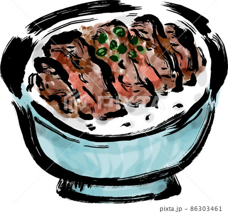 ステーキ丼の和風手描き筆描きイラスト 86303461