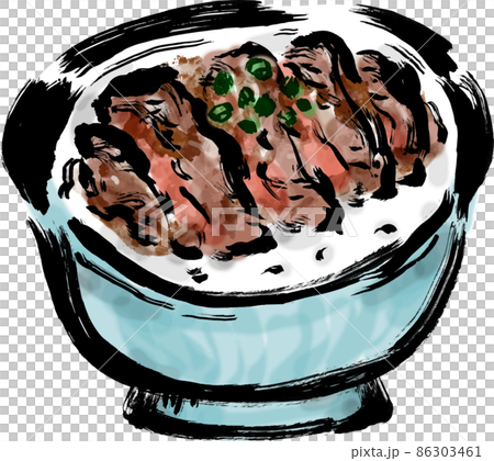 ステーキ丼の和風手描き筆描きイラスト 86303461