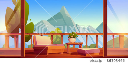 House terrace, wooden balcony with table, couch 86303466