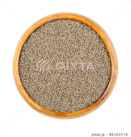 Chia seeds, in a wooden bowl. Edible seeds of Salvia hispanica, a flowering plant in the mint family (Lamiaceae). Very hygroscopic, and absorbing twelve times their weight, giving food a gel texture. Chia seeds, in a wooden bowl. Edible seeds of Salvia hispanica, a flowering plant in the mint family (Lamiaceae). Very hygroscopic, and absorbing twelve times their weight, giving food a gel texture. 86303578