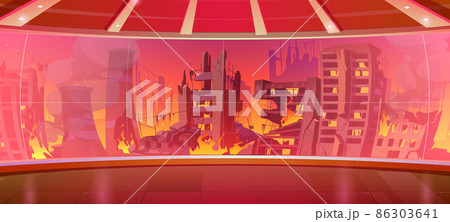 City ruins with fire outside panoramic window City ruins with fire outside panoramic window 86303641