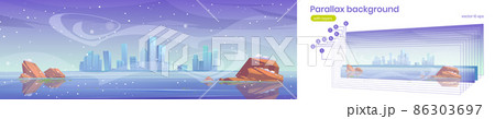 Parallax background winter city skyline frozen bay 86303697