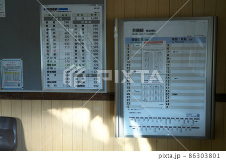 芸備線備後八幡駅の待合室内の運賃表と時刻表　広島県庄原市 86303801