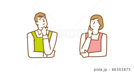 あごに手をあてて考え事をするエプロン姿の男性と女性 あごに手をあてて考え事をするエプロン姿の男性と女性 86303875