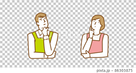あごに手をあてて考え事をするエプロン姿の男性と女性 あごに手をあてて考え事をするエプロン姿の男性と女性 86303875