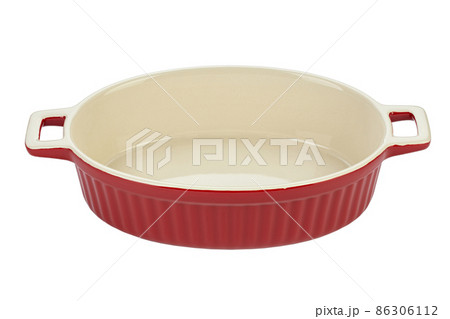 Red ceramic baking dish on a white background. 86306112