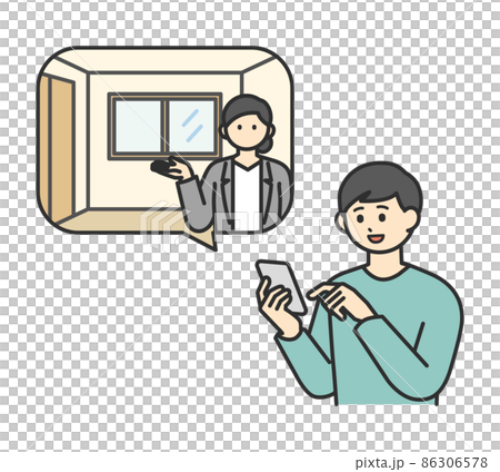 スマートフォンでオンライン内見をする若い男性のイラスト素材 スマートフォンでオンライン内見をする若い男性のイラスト素材 86306578