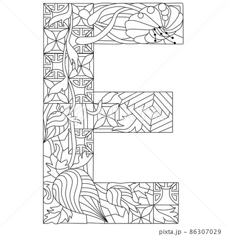 Letter E monogram for coloring, engraving design. Vector illustration. 86307029