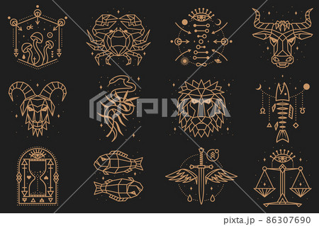 Esoteric and zodiacal symbols. Vector illustration. Outline icon for alchemy, sacred geometry. Mystic or magic design with zodiac sign. 86307690