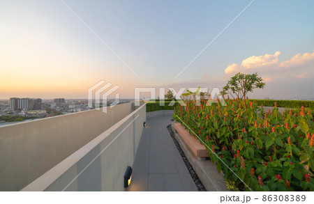 Sky garden on private rooftop of condominium or hotel, high rise architecture building with tree, grass field, and blue sky. 86308389