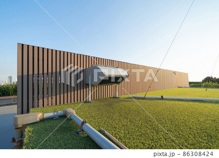 Chiller tower or cooling tower pipe on rooftop of a office building with urban city downtown skyline on rooftop. System work. Architecture machine. Pipe lines. Ventilation compressor 86308424