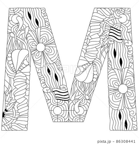 Letter M monogram for coloring, engraving design. Vector illustration. 86308441