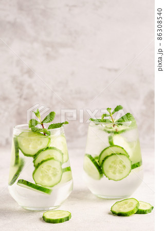 Fresh infused cucumber water on a light background 86308540