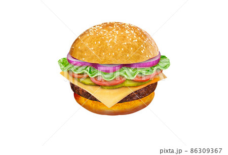 Vector drawing of a hamburger with cheese, tomatoes, chop, lettuce, onion, cucumber. Illustration for fast food menu design. Isolated hamburger icons 86309367