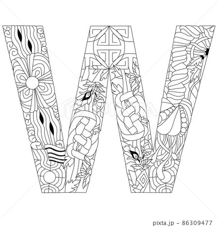 Letter W monogram for coloring, engraving design. Vector illustration. 86309477