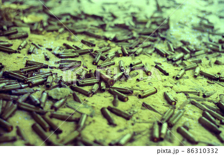 Photo on theme shot projectile of bullet lie on surface earth Photo on theme shot projectile of bullet lie on surface earth 86310332