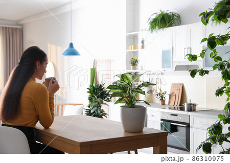 Woman with drink at table in kitchen decorated with plants. Home design Woman with drink at table in kitchen decorated with plants. Home design 86310975