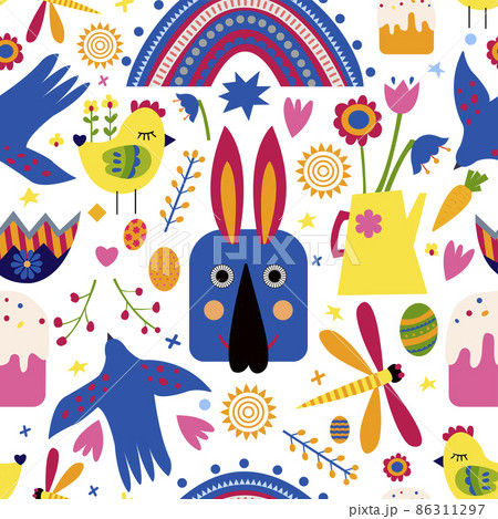 Easter holiday seamless pattern with chicken, rabbit, cut in paper art style. Vector drawing. Happy easter banner.  86311297