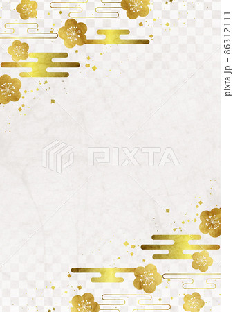 和紙水彩風金箔和花雲フレーム市松模様背景タテ白 86312111