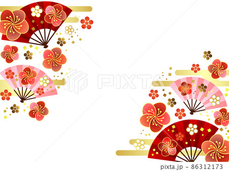 扇と雲と和花フレームヨコ・赤のイラスト素材 [86312173] - PIXTA