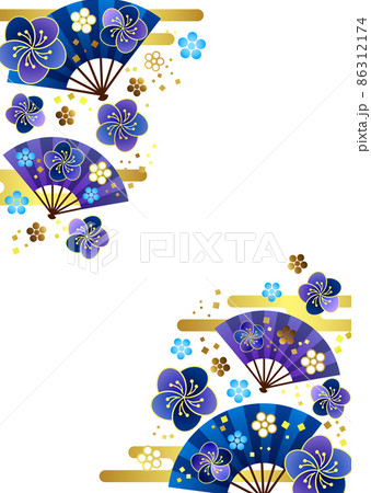 扇と雲と和花フレームタテ・青 86312174