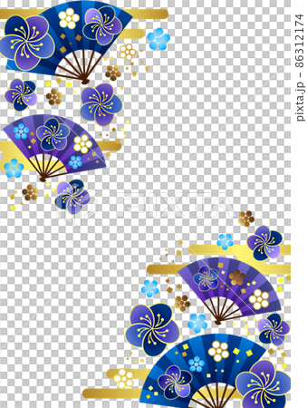 扇と雲と和花フレームタテ・青 86312174