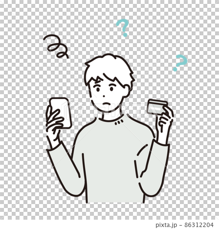 スマートフォンでカードの利用明細を確認し、悩む男性のイラスト素材 スマートフォンでカードの利用明細を確認し、悩む男性のイラスト素材 86312204