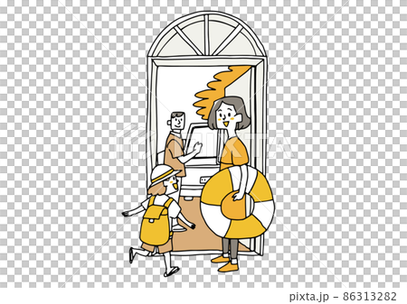 旅行に出かける幸福な家族 コミカルな手書きの人物 ベクター 線画にシンプルな色つけ のイラスト素材