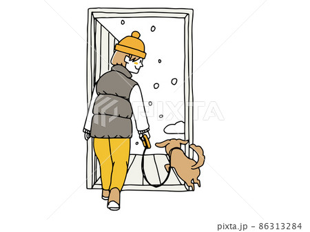 雪の中散歩に出かける女性とペットの犬の幸せな光景 コミカルな手書きの人物 雪の中散歩に出かける女性とペットの犬の幸せな光景 コミカルな手書きの人物 86313284