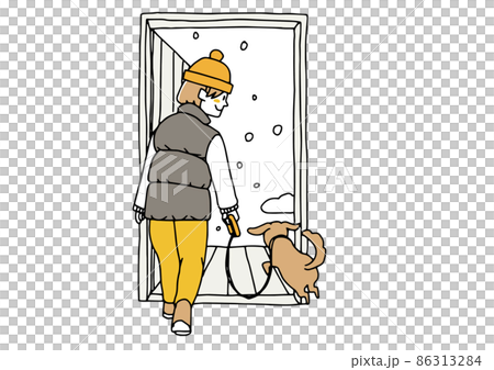 雪の中散歩に出かける女性とペットの犬の幸せな光景 コミカルな手書きの人物 雪の中散歩に出かける女性とペットの犬の幸せな光景 コミカルな手書きの人物 86313284