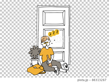 A man who got drunk and went home and fell asleep at the entrance. A comical handwritten person vector, simple coloring of line drawings. 86313287