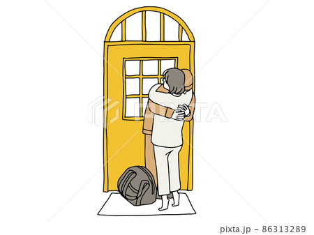 ドアの前で抱き合う男性と女性　久しぶりの再会　コミカルな手書きの人物　ベクター、線画 86313289