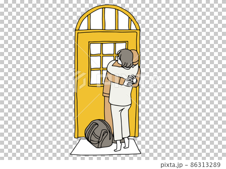 ドアの前で抱き合う男性と女性　久しぶりの再会　コミカルな手書きの人物　ベクター、線画 86313289