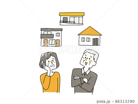 住まいについていろいろ考える高齢の夫婦 コミカルな手書きの人物 ベクター、線画にシンプルな色つけ 住まいについていろいろ考える高齢の夫婦 コミカルな手書きの人物 ベクター、線画にシンプルな色つけ 86313290