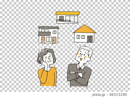 住まいについていろいろ考える高齢の夫婦 コミカルな手書きの人物 ベクター、線画にシンプルな色つけ 住まいについていろいろ考える高齢の夫婦 コミカルな手書きの人物 ベクター、線画にシンプルな色つけ 86313290