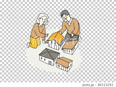 家のデザインについて会話する老夫婦　コミカルな手書きの人物　ベクター、線画にシンプルな色つけ　 86313291