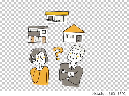 An elderly couple who has doubts about the house, a comical handwritten person, a vector, and simple coloring of line drawings. 86313292