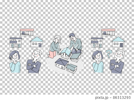 A set of old couples thinking about their own home, a comical handwritten person, a vector, and simple coloring of line drawings. A set of old couples thinking about their own home, a comical handwritten person, a vector, and simple coloring of line drawings. 86313293