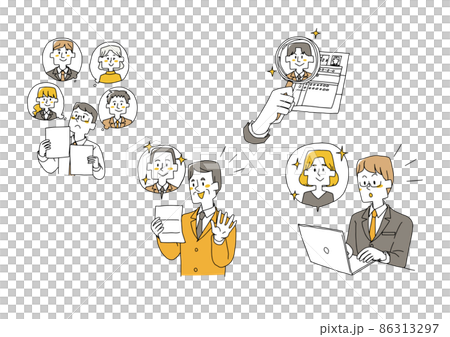 求人者を探す人事担当のセット　コミカルな手書きの人物　ベクター、線画にシンプルな色つけ　 86313297