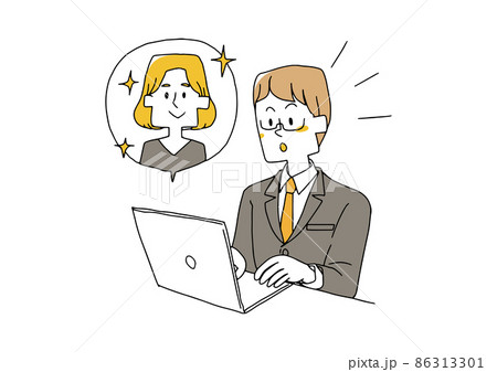 インターネットで良い転職希望者を見つけた人事担当　コミカルな手書きの人物　 86313301