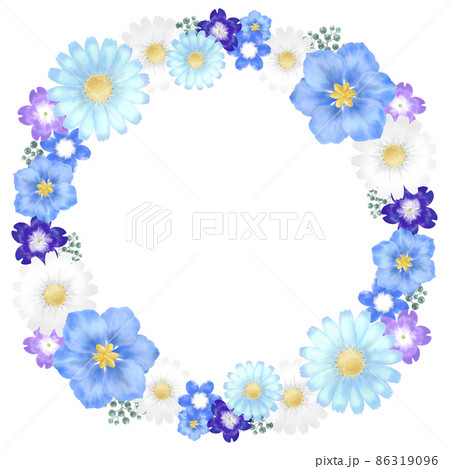春夏のかわいい青い花の円形フレームのイラスト素材