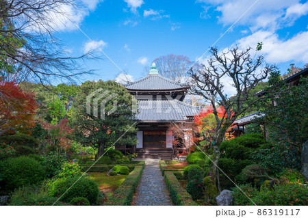 京都　安楽寺の本堂と紅葉　　 86319117