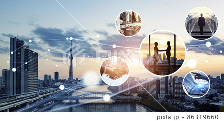 ビジネスとネットワーク　コラージュイメージ　バナー・広告向け横長ビジュアル 86319660