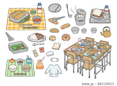 給食にまつわる手描きイラストセット カラー のイラスト素材