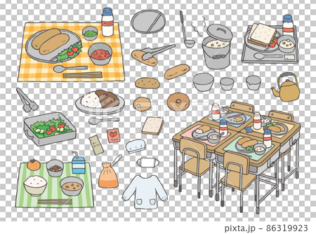給食にまつわる手描きイラストセット（カラー） 86319923
