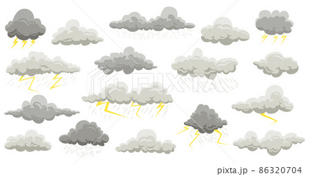 Rain clouds. summer and autumn rain with thunder cloud elements. Vector flat rainstorm and lightning set isolated puffy clouds on white background 86320704