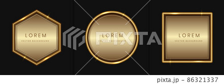 Set of abstract luxury golden geometric frame design, square, circle and hexagon with lighting effect. Modern luxury with copy space for text. 86321337